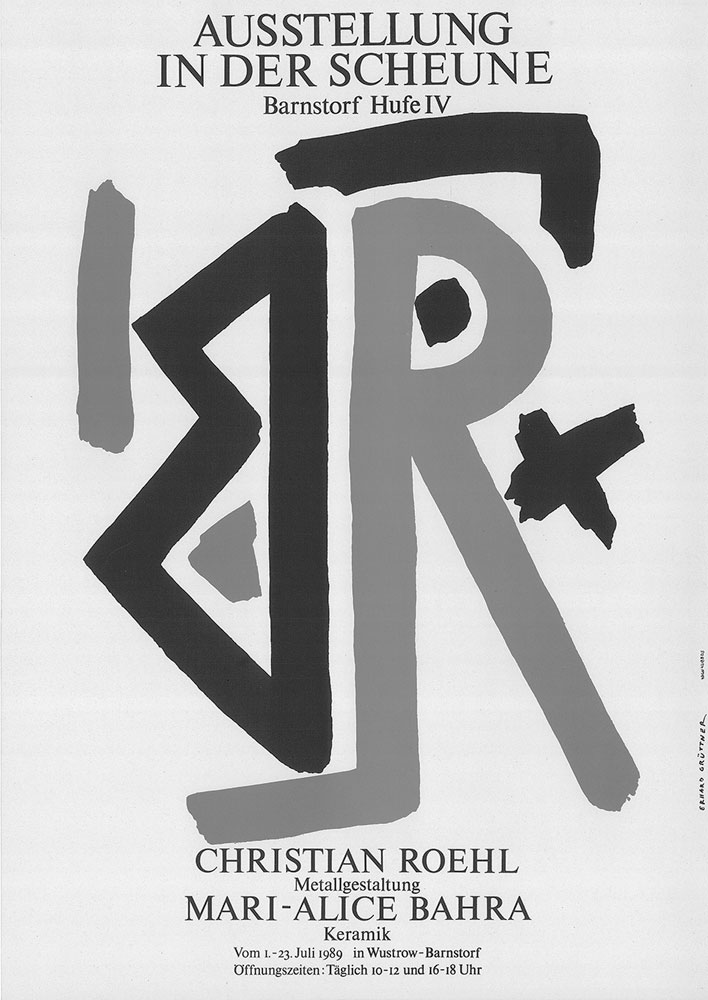 1989 | Ausstellung in der Scheune, Christian Roehl, Metallgestaltung und Mari-Alice Bahra, Keramik | Kunstscheune Barnstorf, Wustrow (Darß) | Archiv Christian Roehl, Potsdam